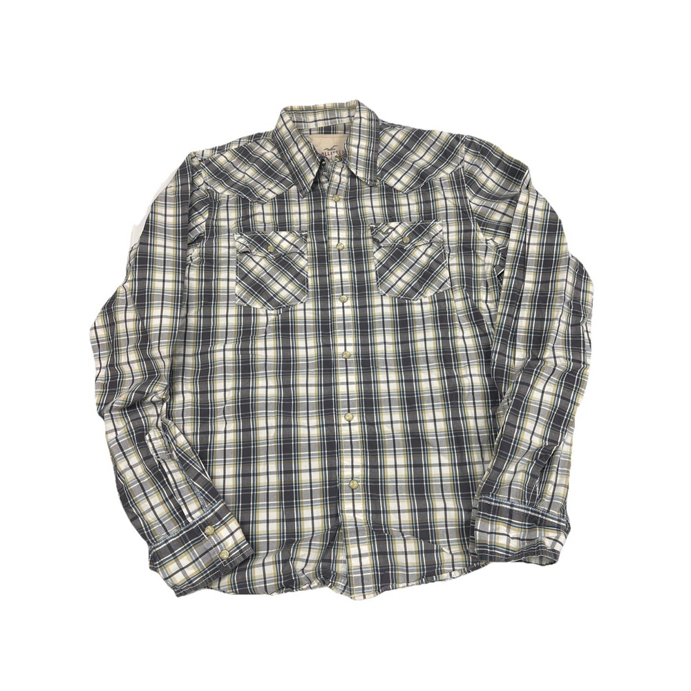 Hollister Shirt Mens Medium Blue Green Plaid Pearl Snap Western 100% Cotton Nice